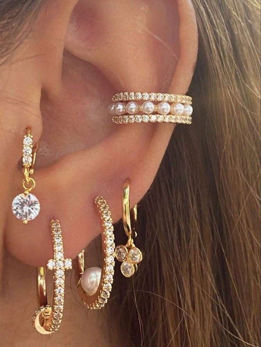 Set de 5 piezas de aretes de cobre con zirconia cúbica y perla falsa en dorado, joyas livianas adecuadas para banquetes, fiestas y bodas de mujeres - Amarillo Oro - Ver 1