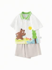 Balabala Young Boys' Two Pieces Cartoon Set, Summer Outfit For Kids, 2025 - Camel - View 4