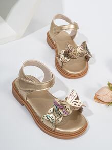 一双时尚婴幼儿蝴蝶设计金色平底凉鞋，适合女童，适合夏季。 - 金色 - 查看 2