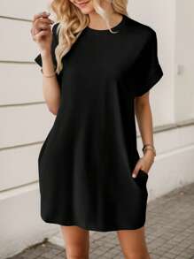 hoteel Basic Minimalist Pure T-Shirt Mini Dress With Pockets, Casual Street Style Idea To Daily Wear, Woman Clothes - màu đen - Xem 3