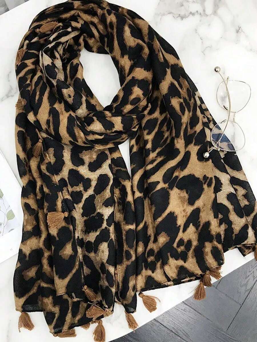 Boho 1pc Fashionable Leopard Print Batik-Style Soft Lightweight Women's Scarf Shawl, Suitable For Daily Commuting & Outdoor Wear