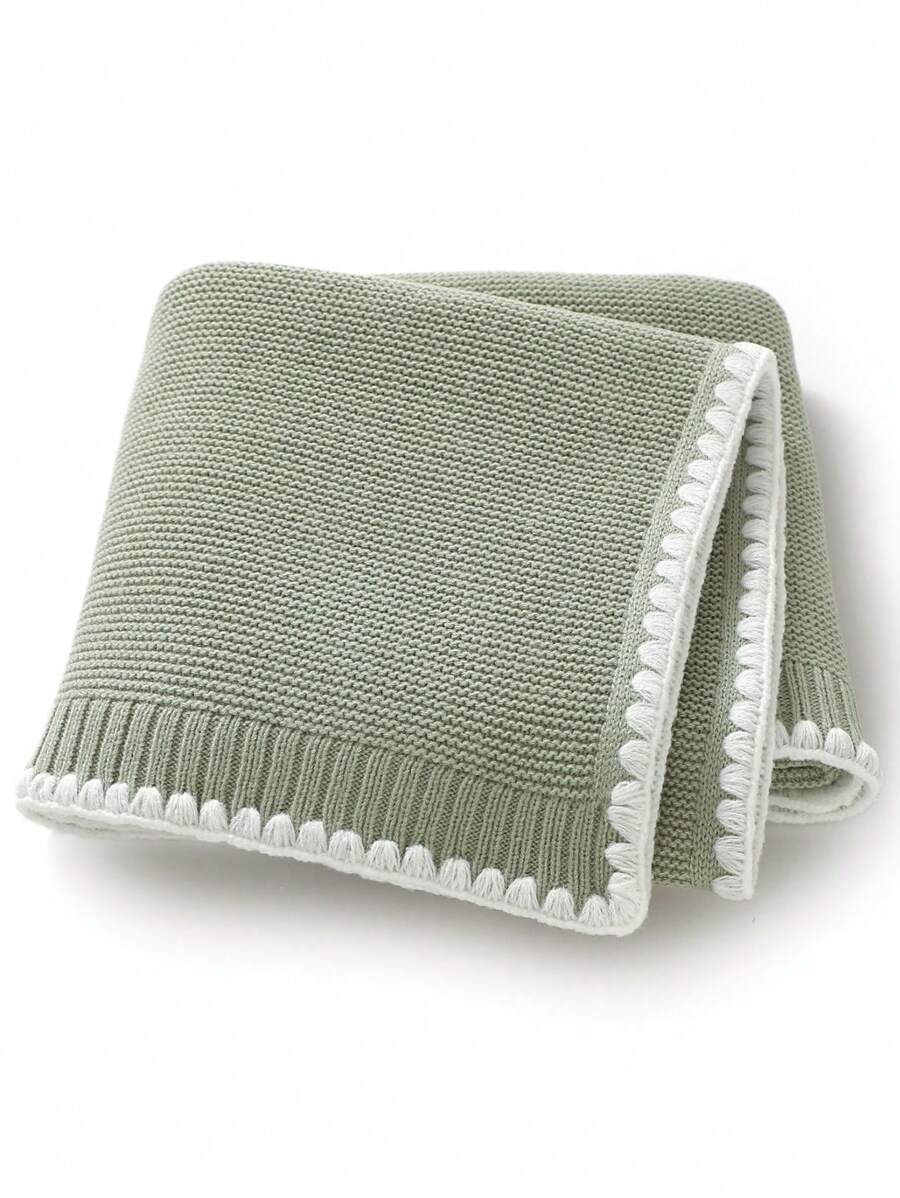 1pc Baby Knitted Swaddle Blanket, Casual Simple Sophisticated Edged Stroller Blanket, Suitable For All Seasons - Green - View 1