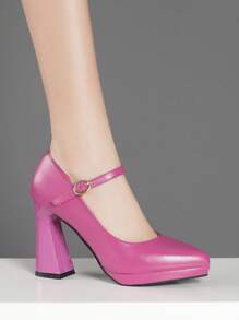 Women's Chunky Heel Platform Pumps With Ankle Strap , Available In Pink, Apricot, Nude, Burgundy, Black, White, Red, Silver, Gold, Brown, Fashionable Patent Leather Shoes