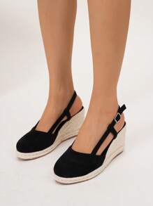 女士舒适防滑春夏度假米色黄麻绳黑色坡跟厚底凉鞋