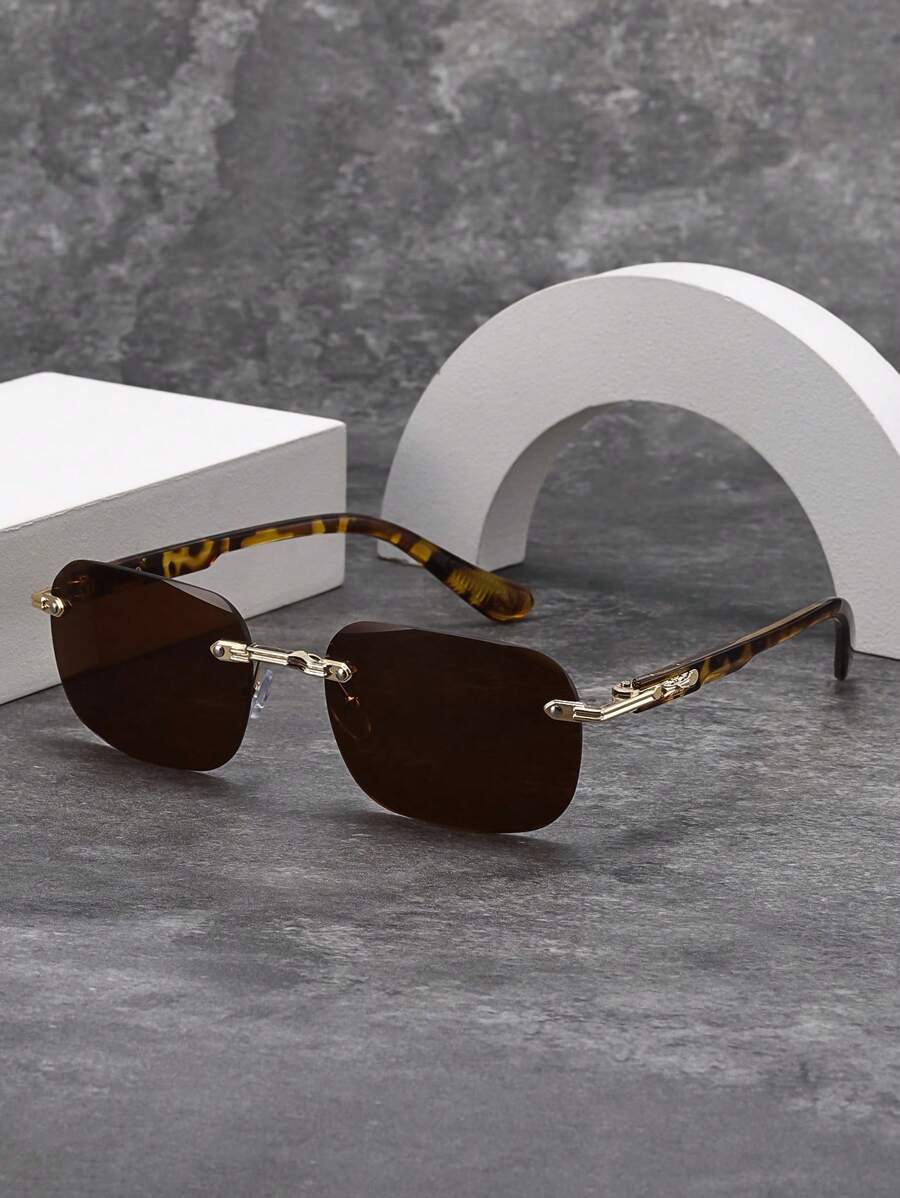 Gafas de moda rectangulares sin marco de estilo clásico de metal para hombres y mujeres, para uso en exteriores, viajes, playa y uso casual, color negro
