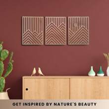 3 pièces Œuvre murale en bois rustique - Grandes sculptures géométriques de montagnes et de soleil, ensemble de 3, décoration d'intérieur bohème pour salon, chambre à coucher, bureau avec installation facile