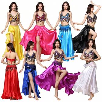 1 Set Belly Dancing Costume Includes Top & Skirt (Waist Chain Optional), Shell-Shaped Pendant Bra, Studded Copper Waist Chain, Ruffle Dance Skirt, Adult Dance Outfit, Annual Party Opener Dance Performance Costume, Nightclub Dance Wear, Dance Accessories. Adjustable Size Bra & Waist Chain, Skirt Length 95cm/37.4in