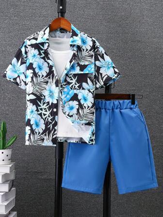 新款男童蓝色花朵印花衬衫套装 (百搭) (适合所有季节)