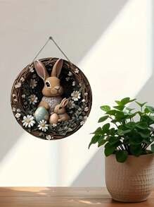 1 pièce Enseigne suspendue de lapin de Pâques - œuvre murale de style bohème avec lapin et design d'œuf, couronne de pâquerettes. Convient pour la porte d'entrée, le porche, le salon, la chambre - Décoration de printemps intérieur/extérieur