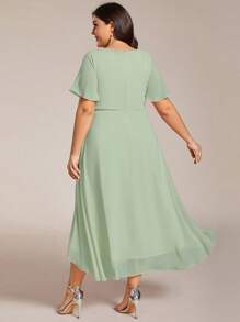 Vestido de dama de honor de gasa con cuello en V, manga corta, parte delantera corta y parte trasera larga, con volantes, color verde menta, talla grande - verde menta - Ver 3