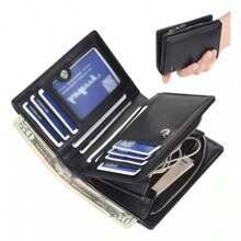 Portable Card Storage Wallet Soft PU Leather Small Zipper Pocket Wallet Black For Men - Black - View 1