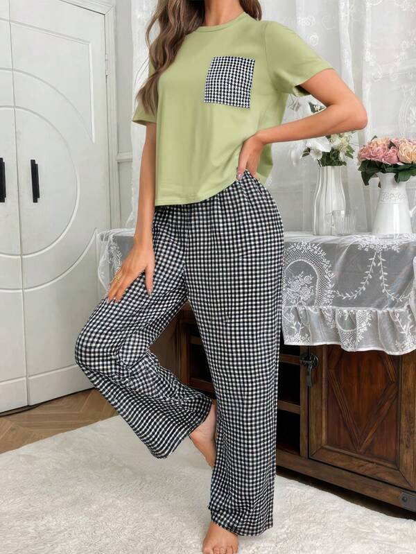 2-delige dames lente/zomer geruite casual nachtkledingset, loungebroek met elastische taille, tweedelige set