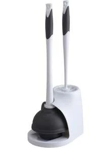 Clorox Toilet Bowl Brush & Plunger Combo Set With Storage Caddy-Toilet Plunger For Bathroom, Bathroom Organizers & Storage, Bathroom Accessories, Toilet Unlogger, Long Handled Toilet Brush - 白色/灰色 - 查看 6