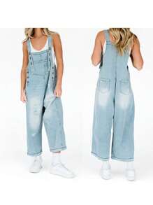 Women Denim Overalls Ripped Jean Jumpsuits Vintage Casual Streetwear Adjustable Strap Baggy Romper With Pockets - 淺藍色 - 查看 8