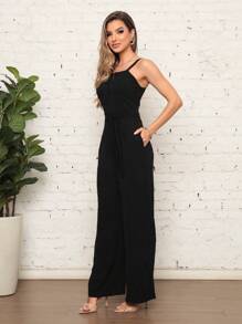 Women's Long Jumpsuit With Front Buttons, Dune Fabric And Detail For Tie At The Waist With Zipper At The Back - màu đen - Xem 3