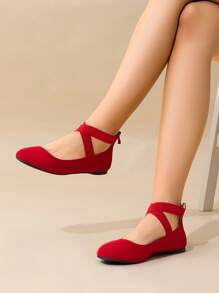 Women Ballet Flats Cross Elastic Ankle Straps Round Toe With Back Zipper Fashion Elegant Comfortable Daily Dress Versatile Non-Slip Flats Shoes - Đỏ - Xem 3