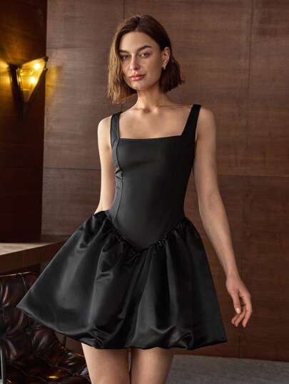 Women Square Neck Sleeveless Patchwork Ruffle Hem Midi Dress, Party Dress