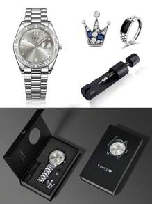 TOMI Men's Quartz Watch With Crown Brooch Ring Set, Minimalist Design With Rhinestone Dial, Zinc Alloy Strap, Gift Box For Daily Life, Business Events, Father's Day, Valentine's Day, Christmas, - White - View 11