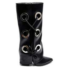 Bottes hautes à œillets larges et lacets croisés décoratifs avec bout pointu et fermeture zippée - Black-7660A - 查看 3