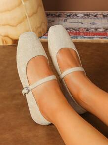 Giày Mary Jane đế vuông nhung mũi vuông Merry Jane, màu mơ - Màu be - Xem 1