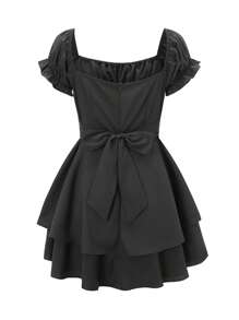 Women's Mini A-Line Dress Solid Color Ruffled Sleeves Square Neck Layered Hem Dress - Black - View 5