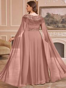 SUPGIR Đầm xòe sang trọng dành cho nữ cỡ lớn, cổ tim đính sequin và tua rua, chất liệu chiffon, phối màu tương phản, thích hợp dự tiệc, đám cưới, dạ hội, mùa xuân thanh lịch. - Cà phê nâu - Xem 2