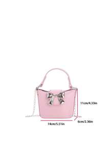 1 pieza Bolso de cubo mini portátil de unicolor PU con diseño de mariposa, estilo coreano versátil con cadena para el hombro y bolso bandolera, correa para el hombro casual y cómoda, estilo largo y versátil que no es exigente, adecuado para uso diario, apropiado para compras y viajes diarios de chicas.