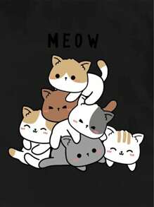 MURAMASA Camiseta con estampado de gato de dibujos animados y letra - Negro - Ver 6
