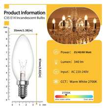 Clear Candle Small Edison Screw Cap SES E14 Lamp Light Bulbs 42W Bulbs Classic C35 Dimmable Screw In LED Replacement Light Bulb For Chandelier, Touch Lamp, Warm White 2700K, AC 220-240 V