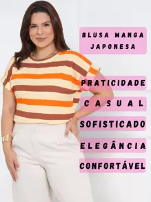 Plus Size Striped Blouse Short Sleeve Folded Japanese Viscolycra G1 - Orange - View 6