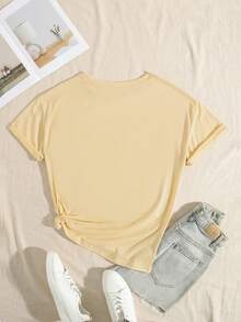 Áo thun nữ tay ngắn cổ tròn in họa tiết hoa hồng thanh lịch, chất liệu polyester, dáng regular fit, thích hợp mặc thường ngày mùa hè. - Màu Khaki - Xem 2