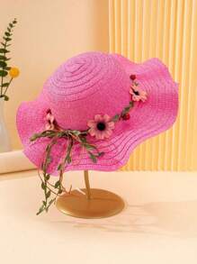 1 件女童米色波浪边太阳帽，带花卉蝴蝶结装饰，波西米亚风格，适合夏季户外活动、海滩度假、日常穿着、母女搭配 - 花環波浪草帽 - 查看 13