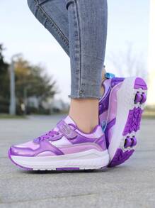1 par de zapatos de patines de ruedas para niños/niñas de primavera/otoño, diseño mejorado de 4 ruedas para mayor estabilidad, ruedas desmontables, 2 en 1 con zapatilla, material de espejo de moda y genial, apropiado para uso diario