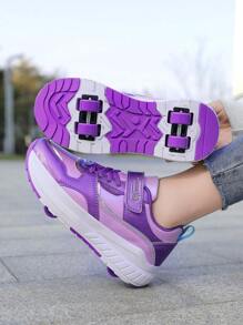 1 par de zapatos de patines de ruedas para niños/niñas de primavera/otoño, diseño mejorado de 4 ruedas para mayor estabilidad, ruedas desmontables, 2 en 1 con zapatilla, material de espejo de moda y genial, apropiado para uso diario
