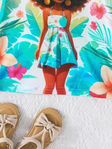 女童荷叶边盖袖花卉印花可爱卡通连衣裙，适合度假、海滩、日常穿着