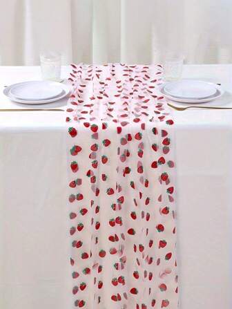 1/2pcs Strawberry Print Table Runner/Tablecloth, Sheer Mesh Fabric For Restaurant, Kitchen, Daily Family Gathering, Bridal Wedding Decoration, Birthday Party, Strawberry Theme Party