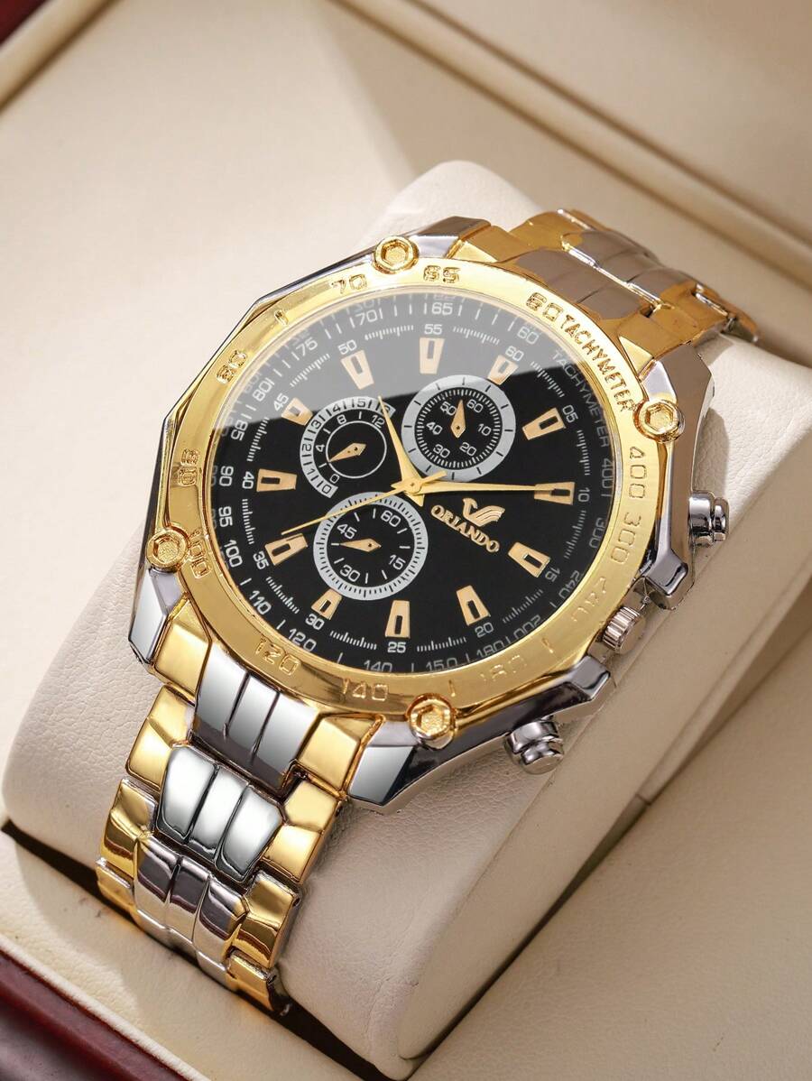 1pc Men's Fashion Quartz Watch With Steel Strap, Classic Numerical Scale Dial, Style (No Watch Box Included) - Multicolor - View 1