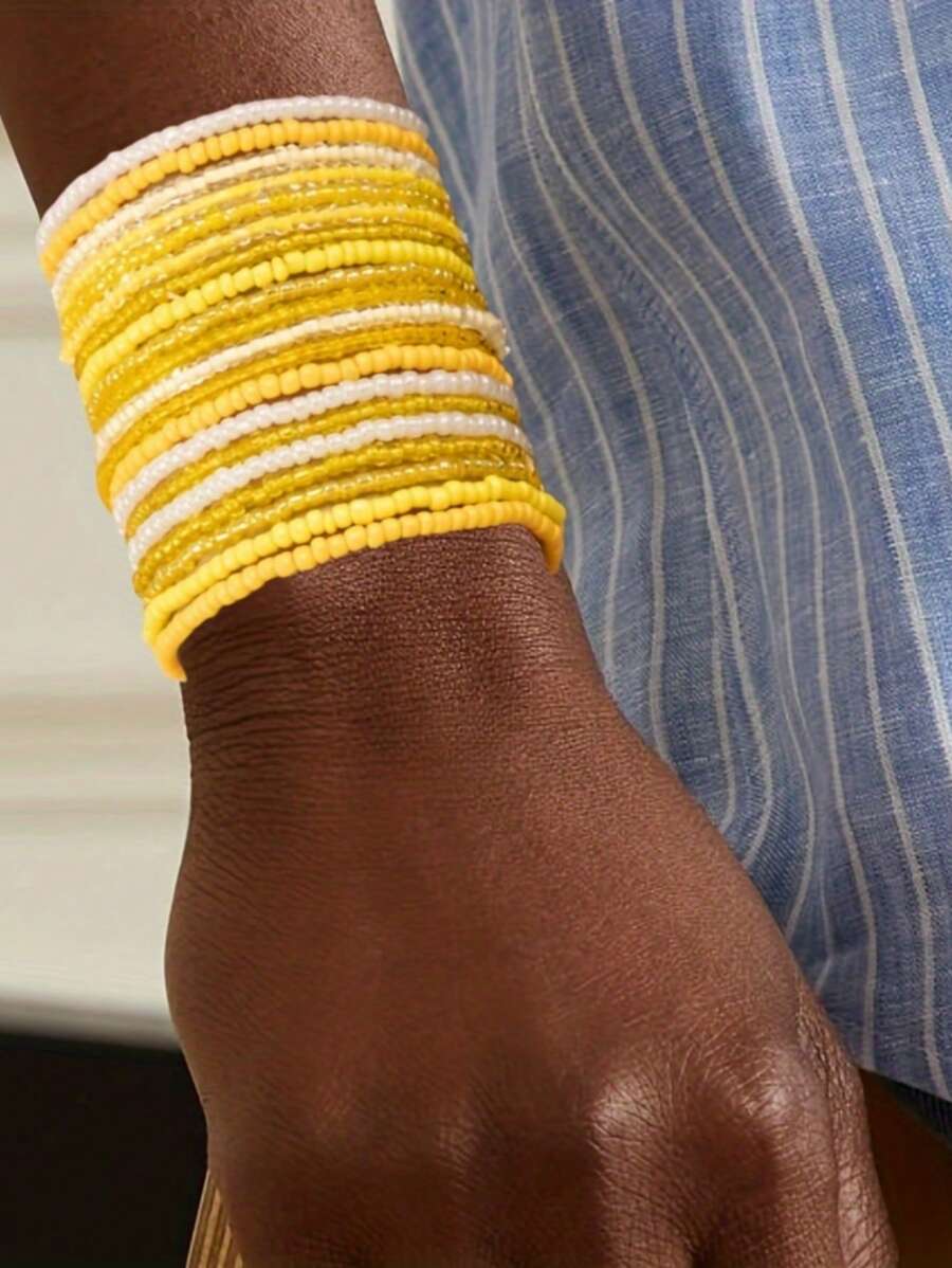 20pcs/Set Bohemian White Series Rice Pearl Bead Stacking Elastic Bracelet Set For Women - Yellow - View 1