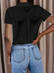 Women's Casual Simple Front Button Up Shirt, Short Sleeve - Black - View 4