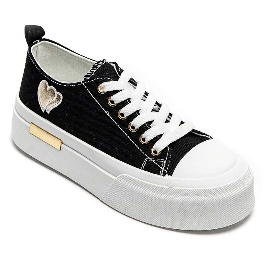 Women's Thick Sole Lace-Up Sneakers, With Heart-Shaped Patch, Available In Multiple Colors - Black-9151 - View 1