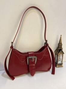 酒红色复古时尚法棍包，简约新月形女士单肩包，酒红色甜美清爽可锁腋下包，小众设计性感单肩/斜挎包 - 彩色 - 查看 6