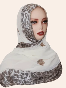 1pc Women Hijab Fashion Sequin Patchwork Leopard Print Scarf, Decorated With -Style Rhinestones, High-End Long Shawl, Suitable For Abaya