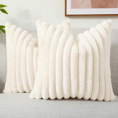 Faux Fur Cozy Soft Striped Decorative Throw Pillow Covers,Velvet Pillowcase Cushion Case For Sofa Couch