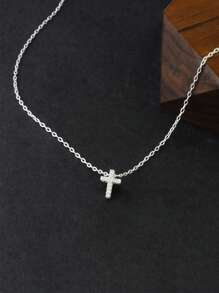 1pc Elegant Cubic Zirconia Decorated S925 Sterling Silver Cross Pendant Necklace, Gift For Women