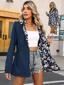 Giolshon 女士米黄色双面连帽外套 - 双面印花设计，休闲时尚，适合日常叠穿 - 藏蓝色 - 查看 2