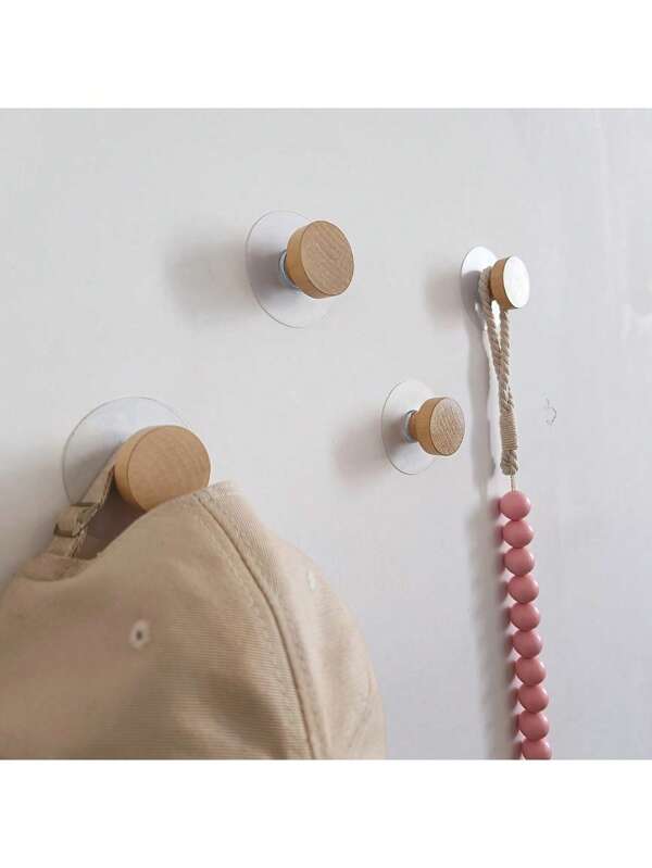 2/4 Pcs Easily Installed Wooden Wall Hooks, Geometric Shaped Wall Mounted Hooks For Hanging Clothes, Coats, Hats, Scarves, Towels In Bedroom, Creative Self-Adhesive Cabinet Door Wooden Handles, Bathroom Storage Hooks