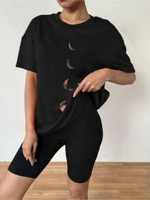 VaVaLuxe Loose Fit Oversized Basic Drop Shoulder T-Shirt Graphic Tees Women Tops - 黑色 - 查看 5