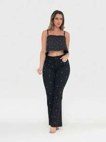 KIT Feminino 2 Peças - Calça Flare Jeans Preto Levanta Bumbum com Detalhes de Strass Brilho Cintura Alta - pontos + spike na lateral - Visão 5