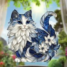 2D 平面，令人惊叹的蓝白猫亚克力捕梦网，7.9 英寸 - 复古风格家居、窗户、花园墙壁装饰 | 送给女性、家人、朋友的理想礼物 | 无需电力，猫咪装饰 - 彩色 - 查看 2