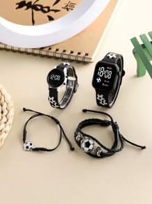 4 Pieces Of Boys' And Girls' Fashionable And Classic Digital Square LED Children's Watches For Football Decoration. These Wristbands And Electronic Watches Are Suitable For Wearing During The School Reopening Season. They Come With Alloy Hand-Woven Football Ropes, Making Them Suitable For Daily Life, Sports,